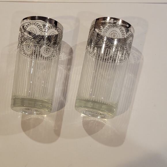 Set Of 2 Vintage Culver Tyrol Silver Highball Glasses Vertical Stripes - Picture 2 of 8